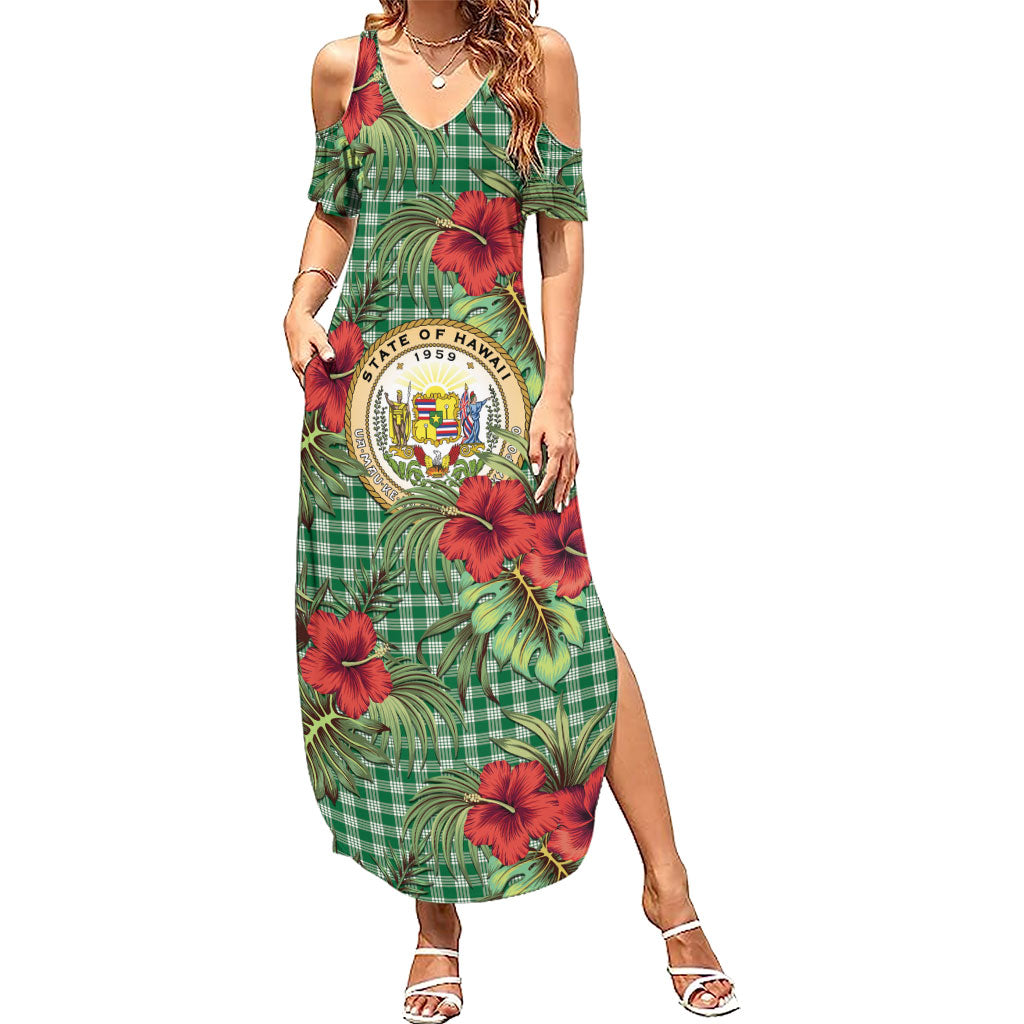 Vintage Hawaii Hibiscus Palaka Summer Maxi Dress Green Color