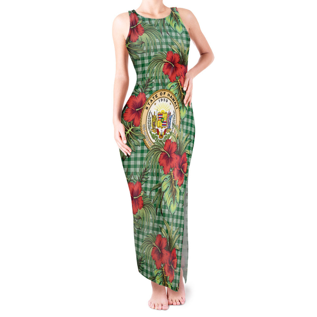 Vintage Hawaii Hibiscus Palaka Tank Maxi Dress Green Color