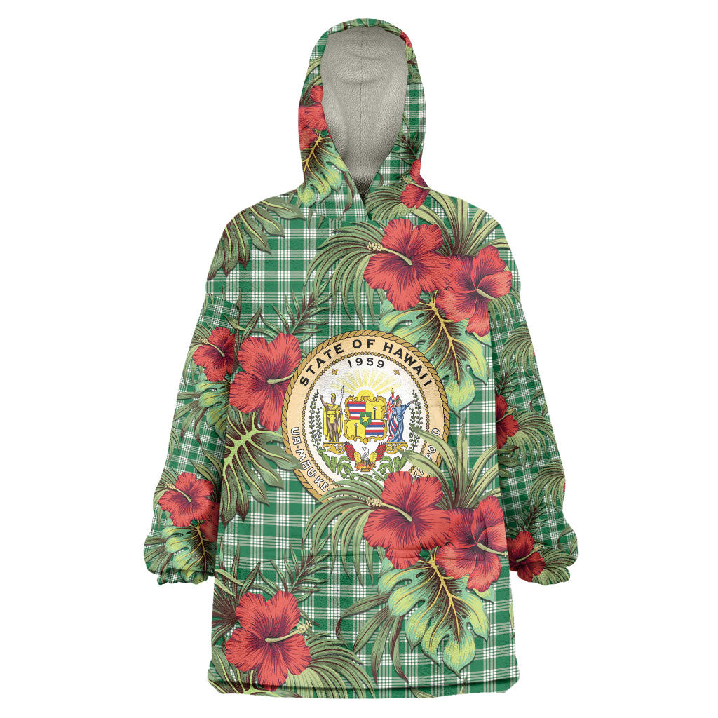 Vintage Hawaii Hibiscus Palaka Wearable Blanket Hoodie Green Color