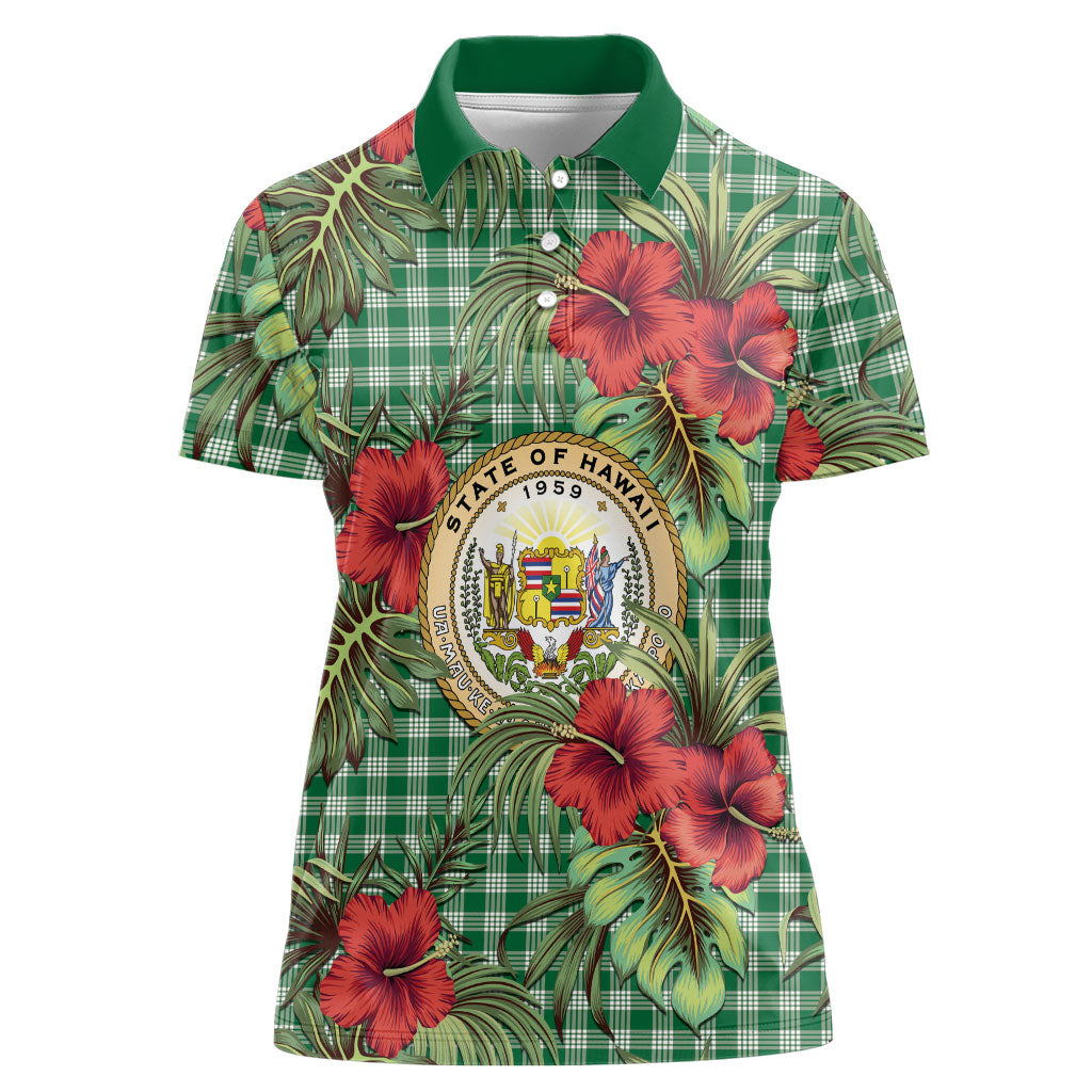 Vintage Hawaii Hibiscus Palaka Women Polo Shirt Green Color