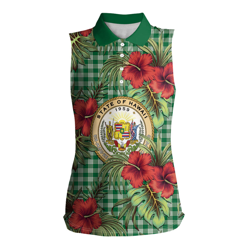 Vintage Hawaii Hibiscus Palaka Women Sleeveless Polo Shirt Green Color