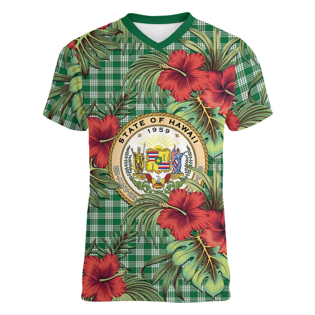 Vintage Hawaii Hibiscus Palaka Women V-Neck T-Shirt Green Color