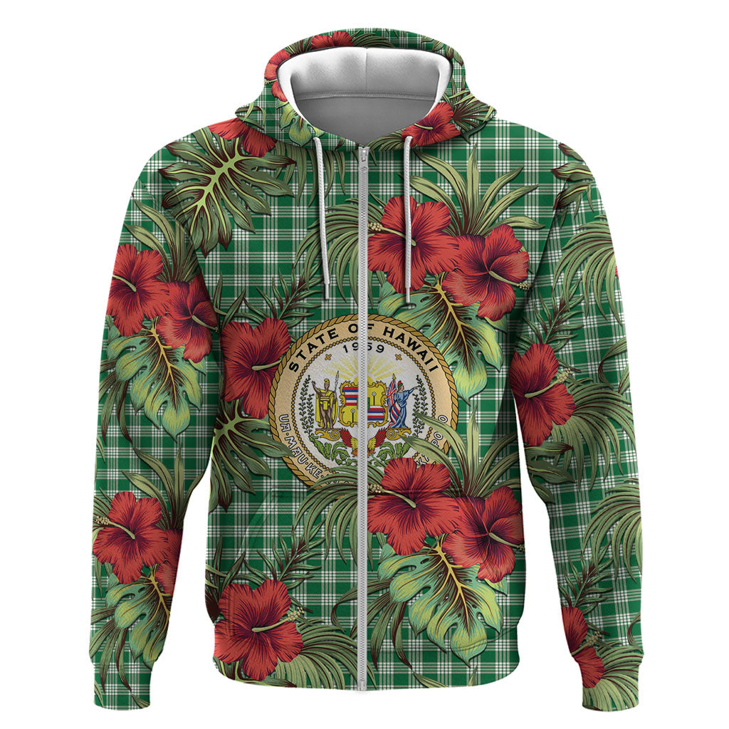 Vintage Hawaii Hibiscus Palaka Zip Hoodie Green Color
