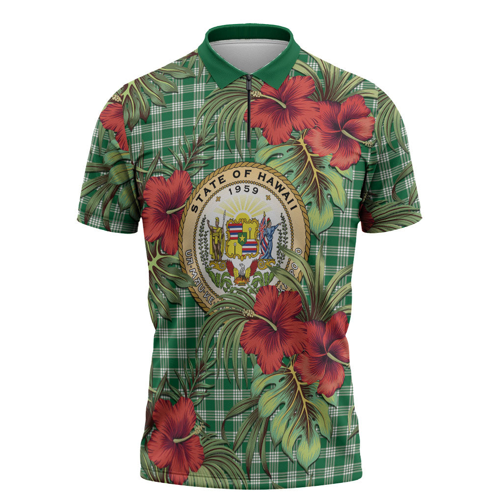 Vintage Hawaii Hibiscus Palaka Zipper Polo Shirt Green Color