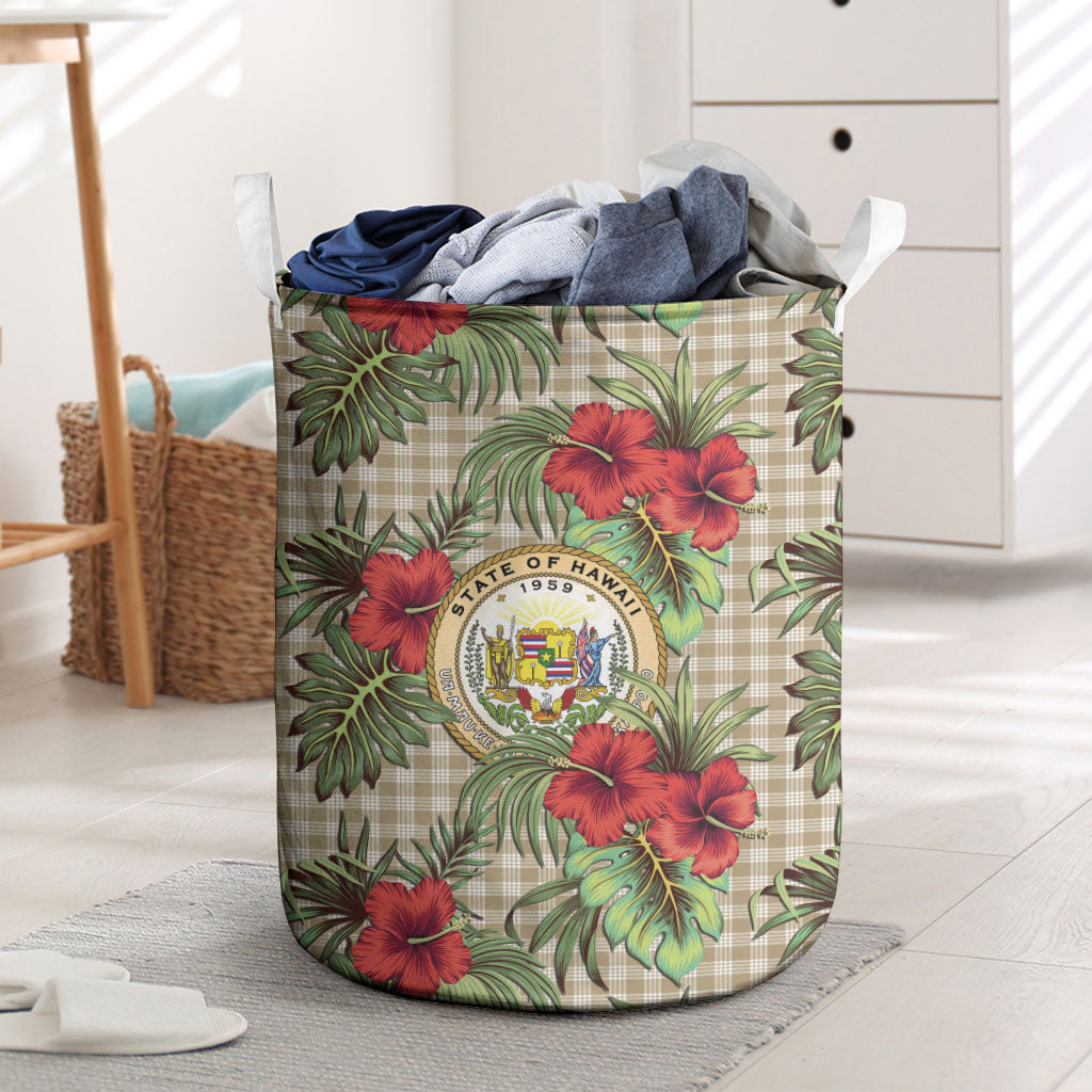 Vintage Hawaii Hibiscus Palaka Laundry Basket Khaki Color