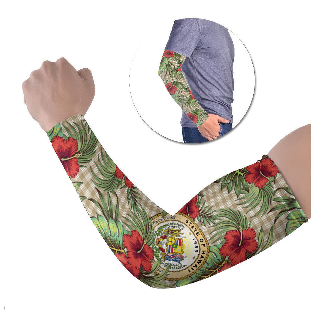 Vintage Hawaii Hibiscus Palaka Arm Sleeves Khaki Color