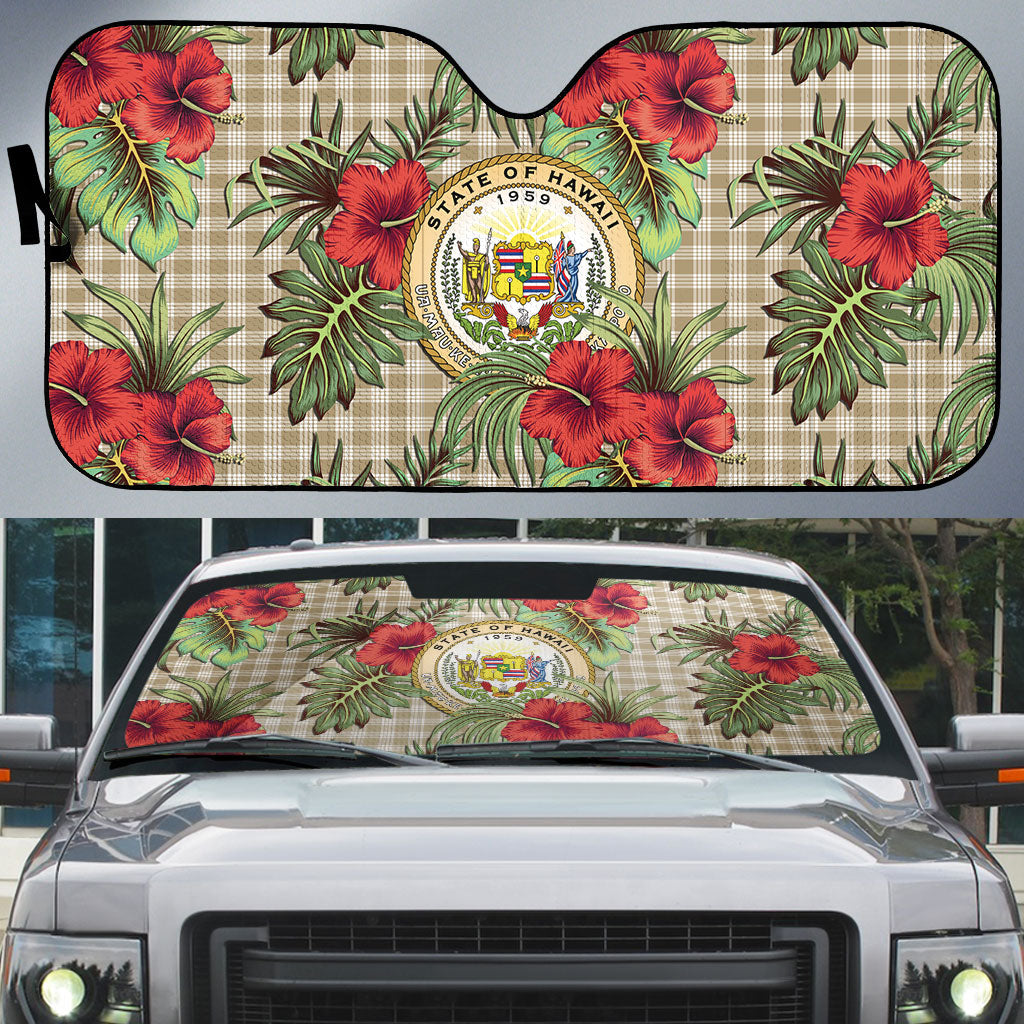 Vintage Hawaii Hibiscus Palaka Auto Sun Shade Khaki Color