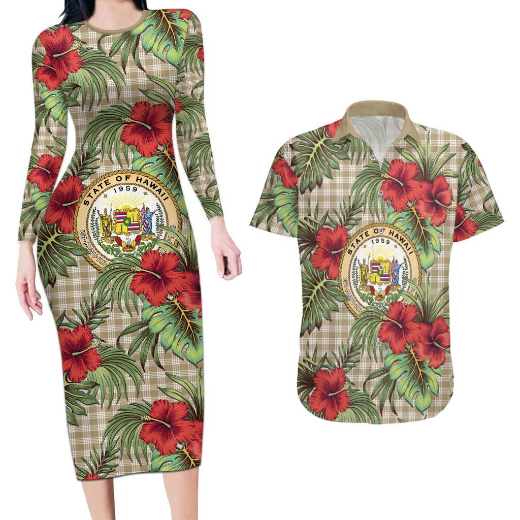 Vintage Hawaii Hibiscus Palaka Couples Matching Long Sleeve Bodycon Dress and Hawaiian Shirt Khaki Color