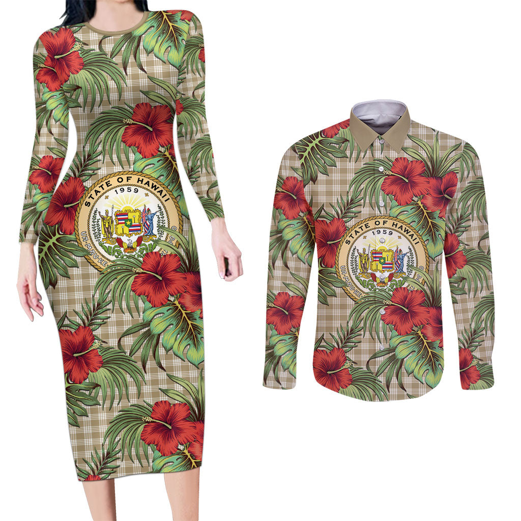 Vintage Hawaii Hibiscus Palaka Couples Matching Long Sleeve Bodycon Dress and Long Sleeve Button Shirt Khaki Color
