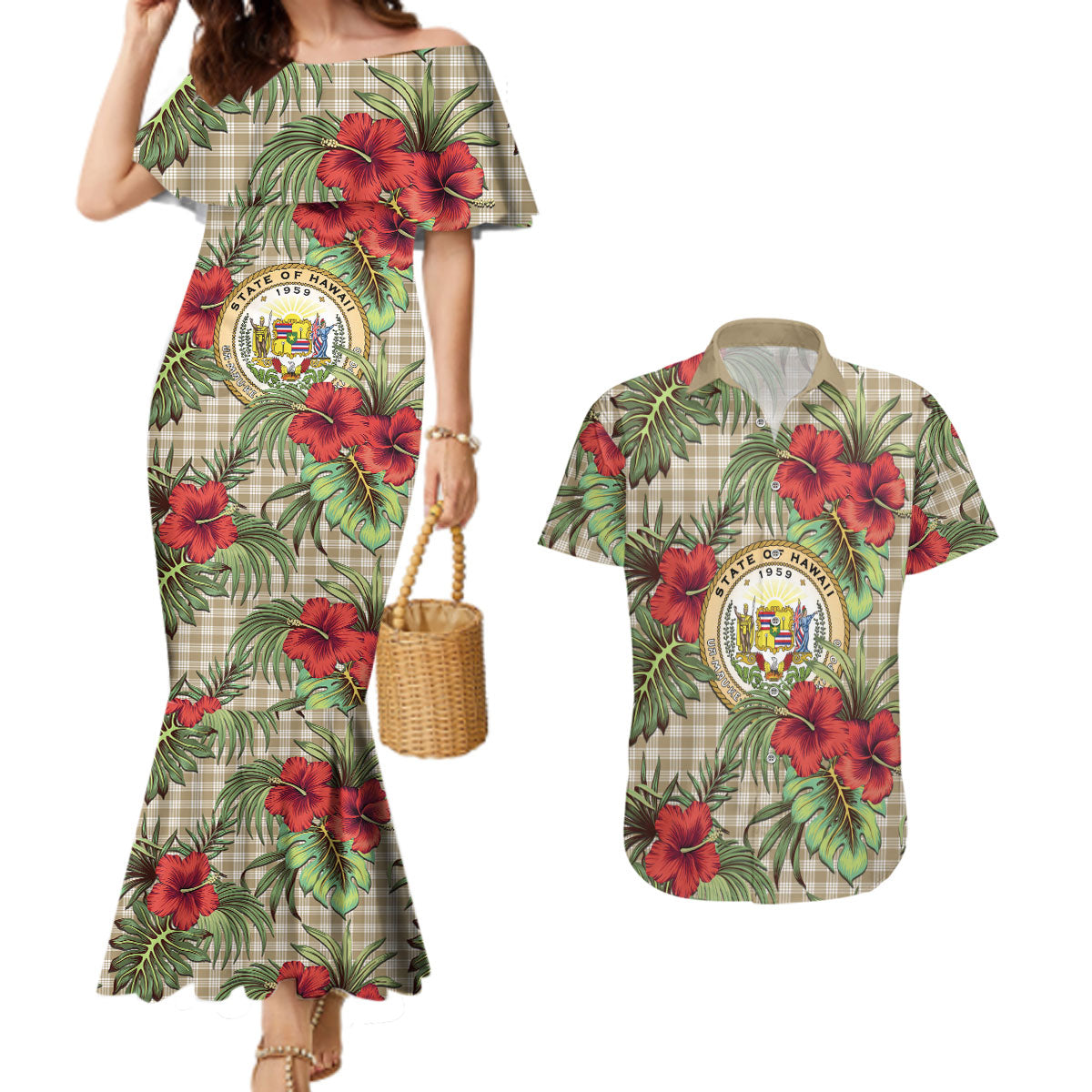 Vintage Hawaii Hibiscus Palaka Couples Matching Mermaid Dress and Hawaiian Shirt Khaki Color