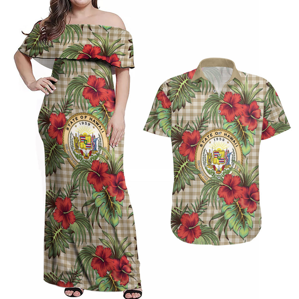 Vintage Hawaii Hibiscus Palaka Couples Matching Off Shoulder Maxi Dress and Hawaiian Shirt Khaki Color