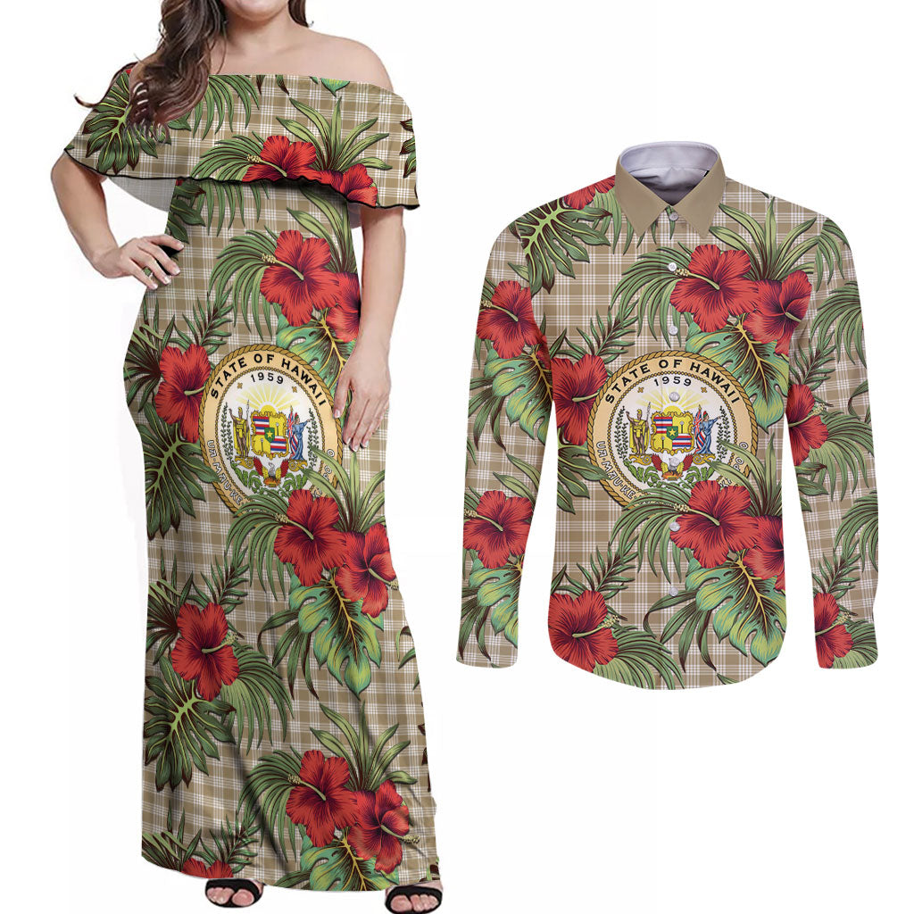 Vintage Hawaii Hibiscus Palaka Couples Matching Off Shoulder Maxi Dress and Long Sleeve Button Shirt Khaki Color