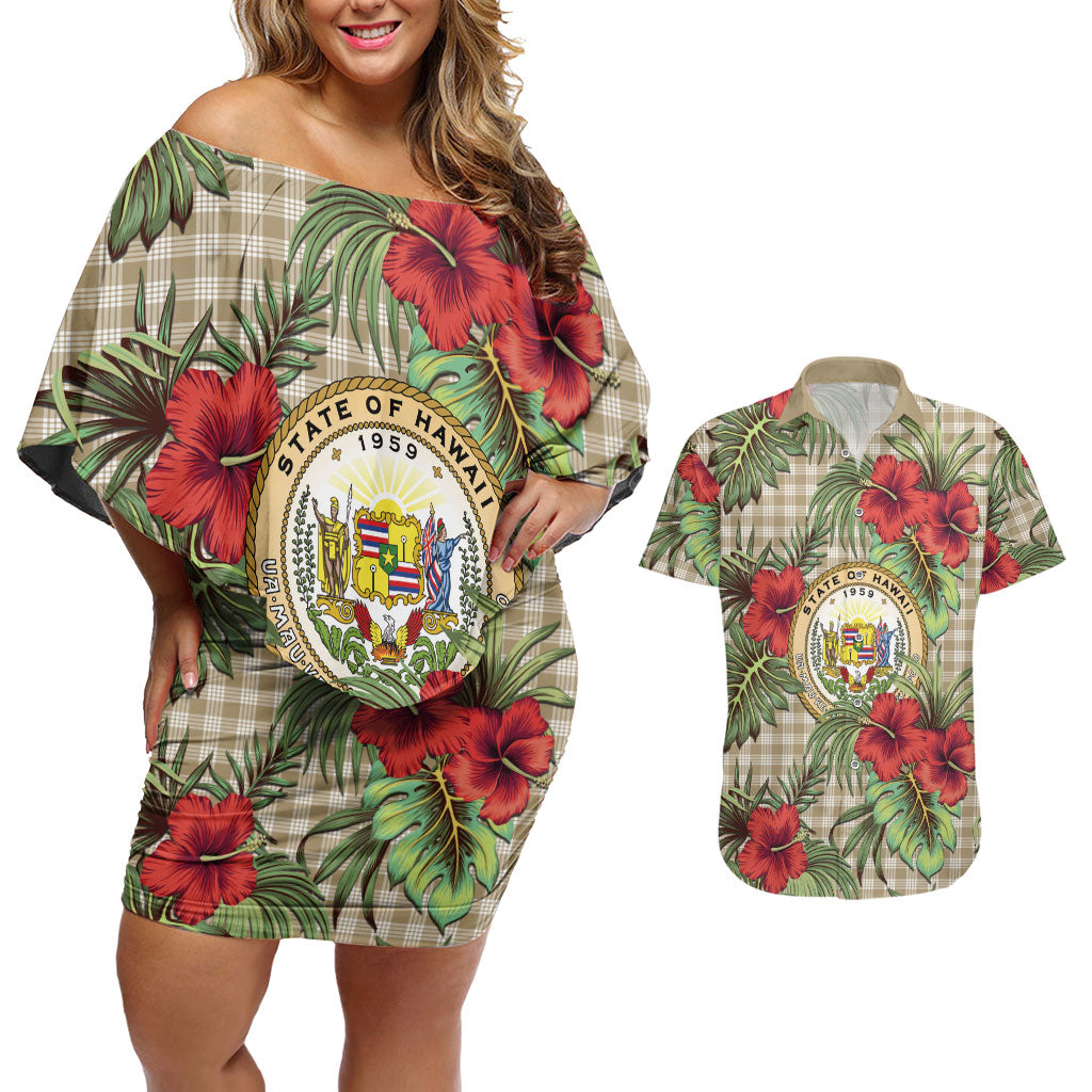 Vintage Hawaii Hibiscus Palaka Couples Matching Off Shoulder Short Dress and Hawaiian Shirt Khaki Color