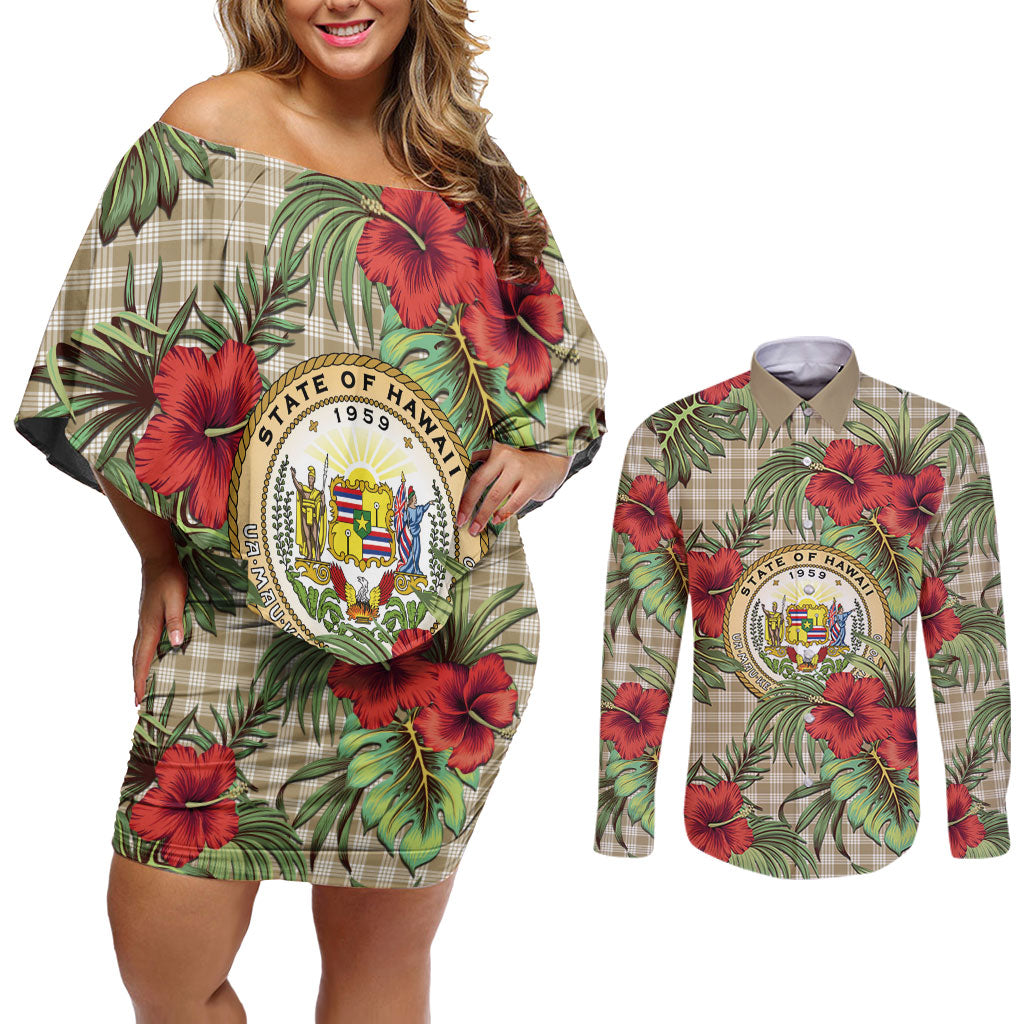 Vintage Hawaii Hibiscus Palaka Couples Matching Off Shoulder Short Dress and Long Sleeve Button Shirt Khaki Color