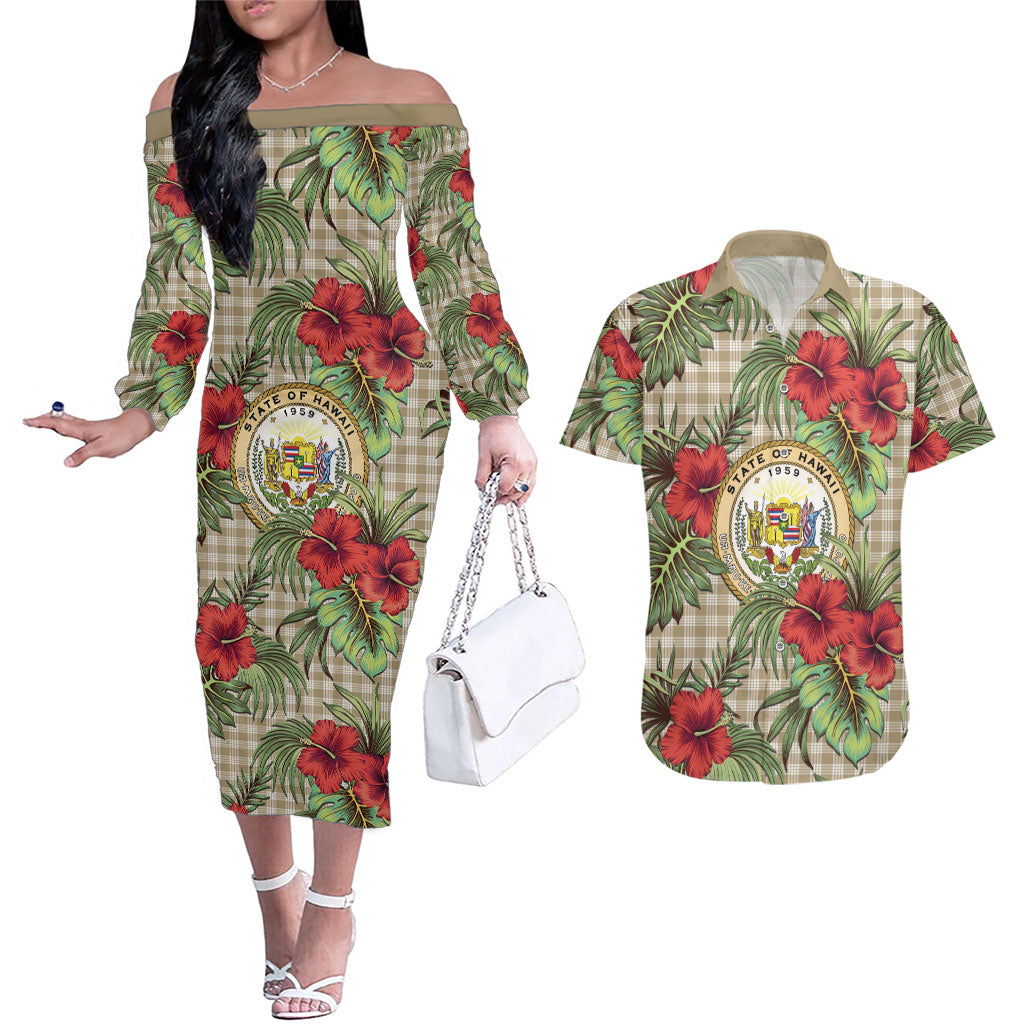 Vintage Hawaii Hibiscus Palaka Couples Matching Off The Shoulder Long Sleeve Dress and Hawaiian Shirt Khaki Color