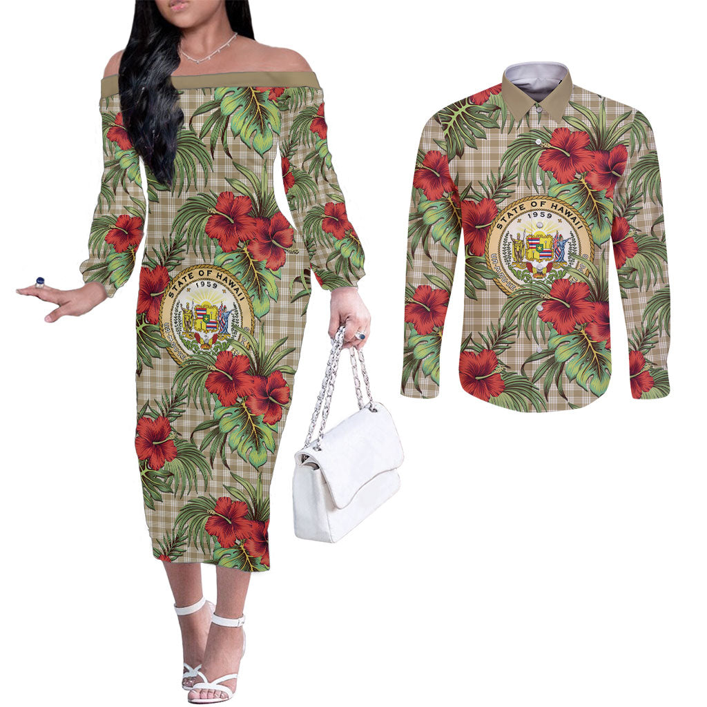 Vintage Hawaii Hibiscus Palaka Couples Matching Off The Shoulder Long Sleeve Dress and Long Sleeve Button Shirt Khaki Color