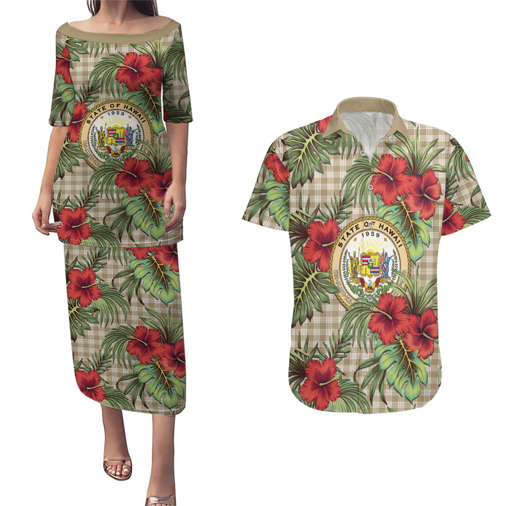 Vintage Hawaii Hibiscus Palaka Couples Matching Puletasi and Hawaiian Shirt Khaki Color