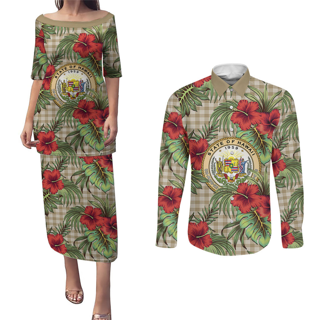 Vintage Hawaii Hibiscus Palaka Couples Matching Puletasi and Long Sleeve Button Shirt Khaki Color
