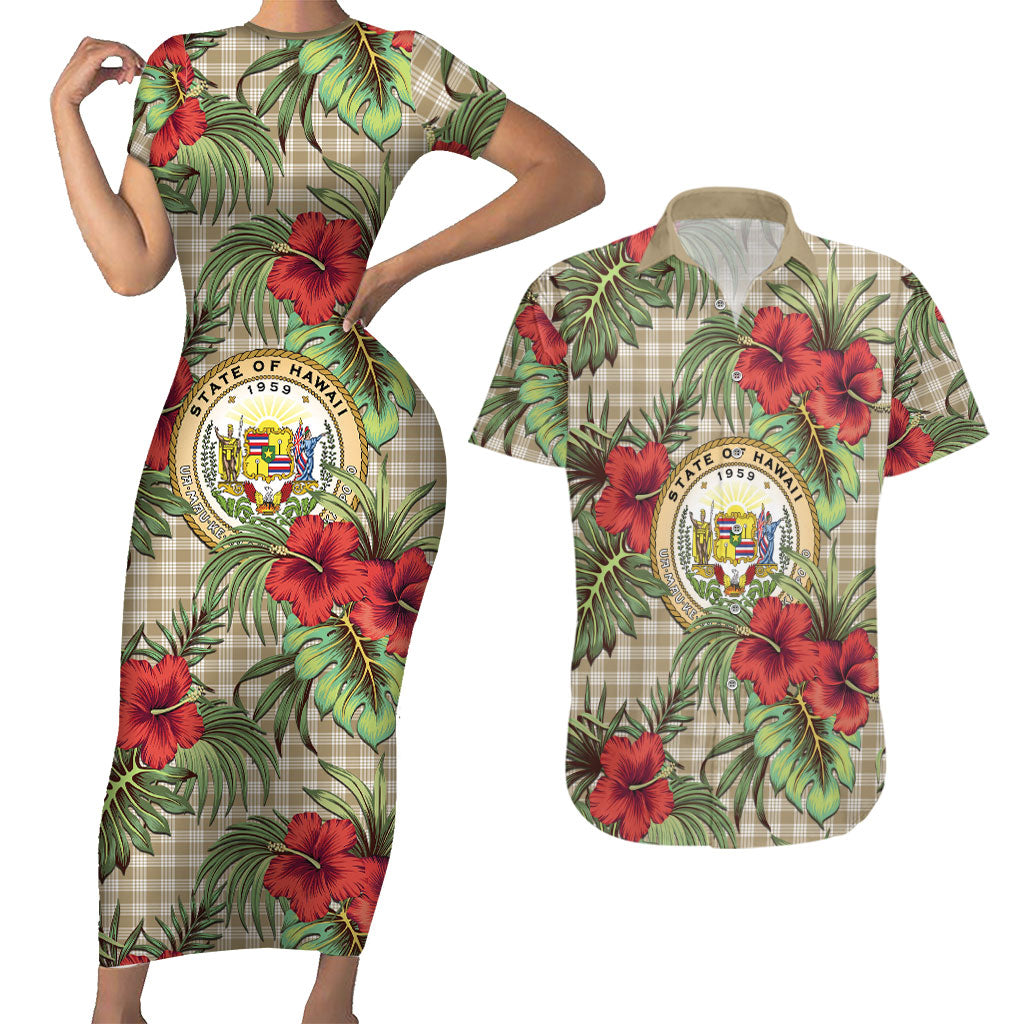 Vintage Hawaii Hibiscus Palaka Couples Matching Short Sleeve Bodycon Dress and Hawaiian Shirt Khaki Color