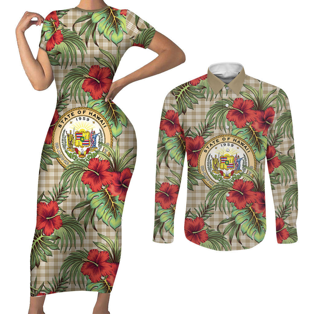 Vintage Hawaii Hibiscus Palaka Couples Matching Short Sleeve Bodycon Dress and Long Sleeve Button Shirt Khaki Color