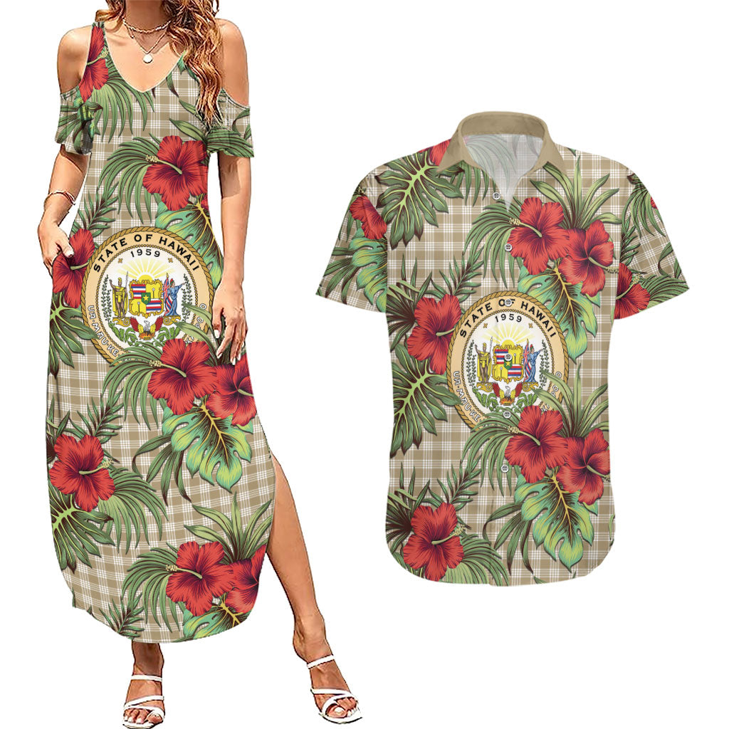 Vintage Hawaii Hibiscus Palaka Couples Matching Summer Maxi Dress and Hawaiian Shirt Khaki Color