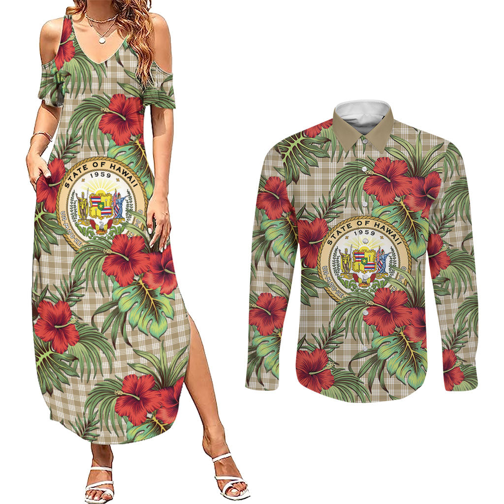 Vintage Hawaii Hibiscus Palaka Couples Matching Summer Maxi Dress and Long Sleeve Button Shirt Khaki Color