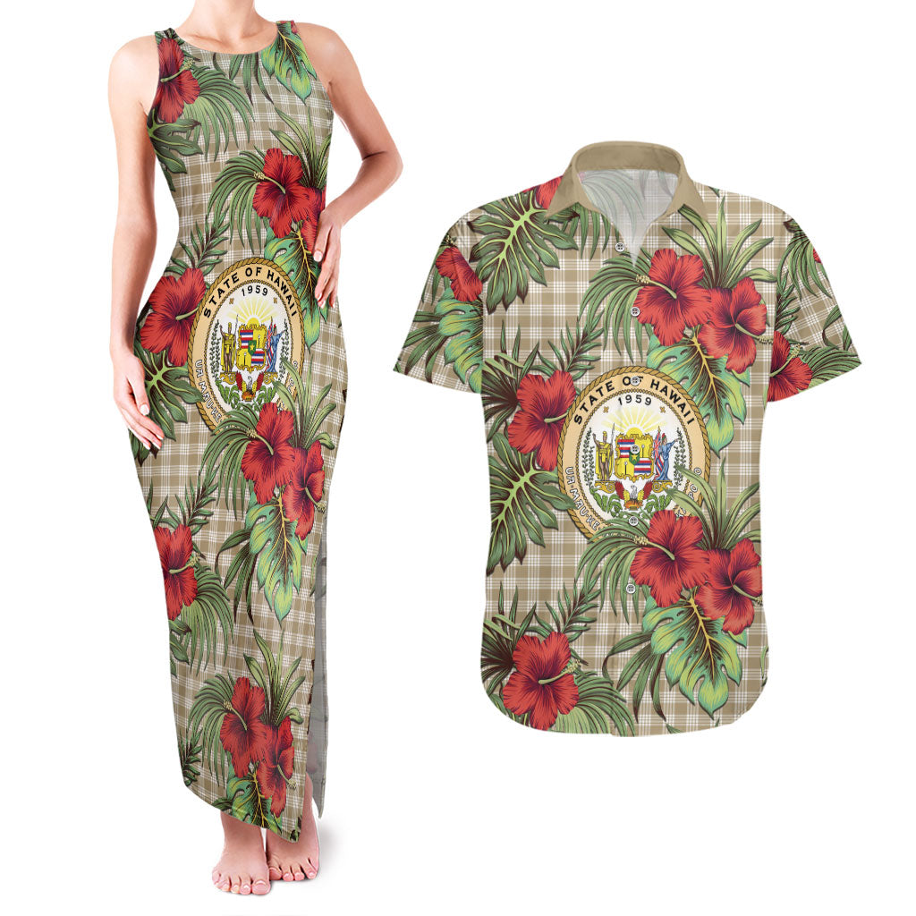 Vintage Hawaii Hibiscus Palaka Couples Matching Tank Maxi Dress and Hawaiian Shirt Khaki Color