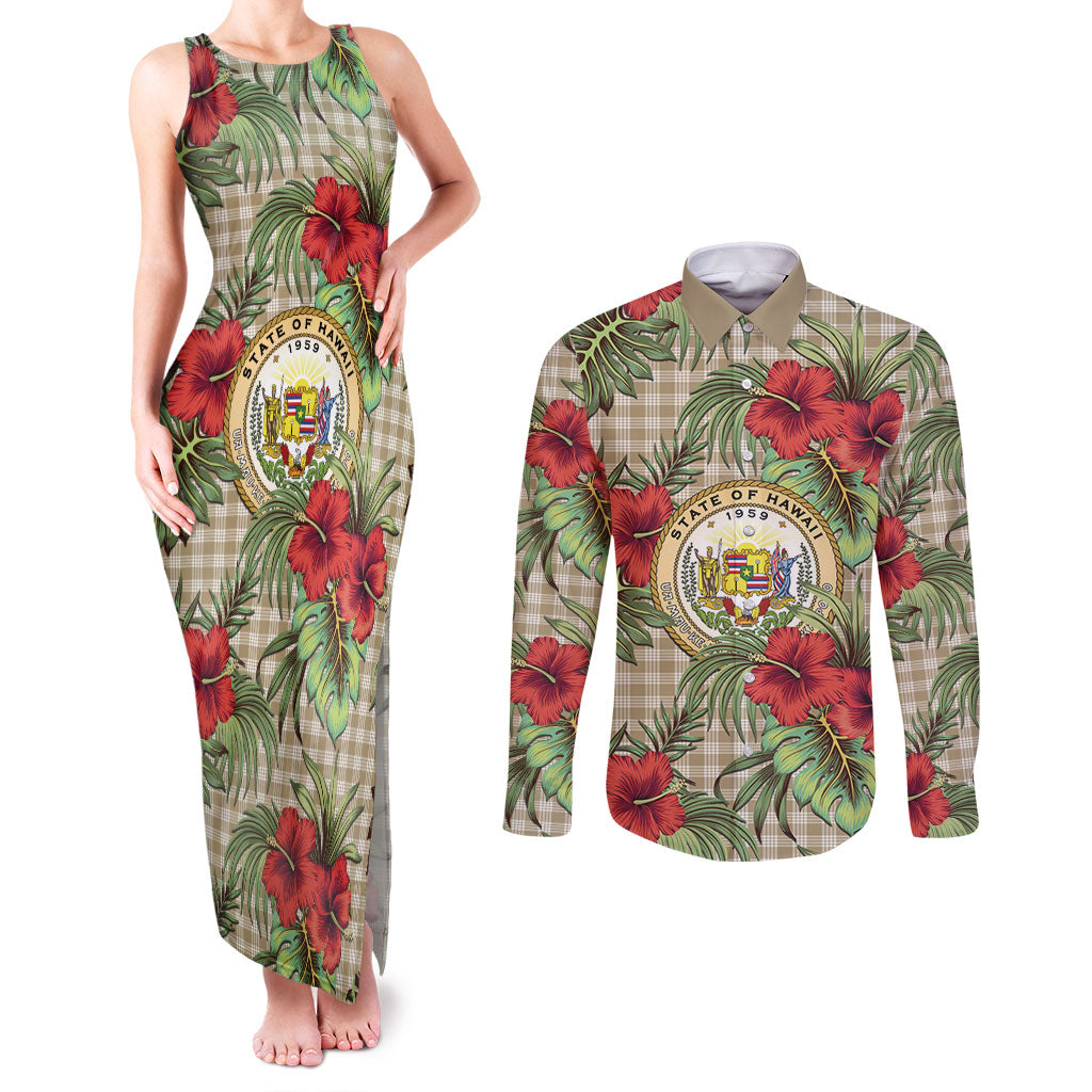 Vintage Hawaii Hibiscus Palaka Couples Matching Tank Maxi Dress and Long Sleeve Button Shirt Khaki Color