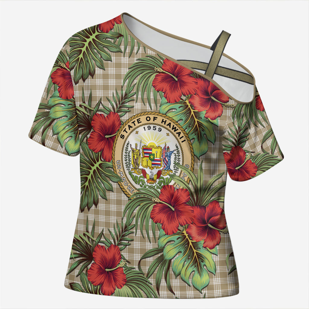 Vintage Hawaii Hibiscus Palaka Cross Shoulder Shirt Khaki Color
