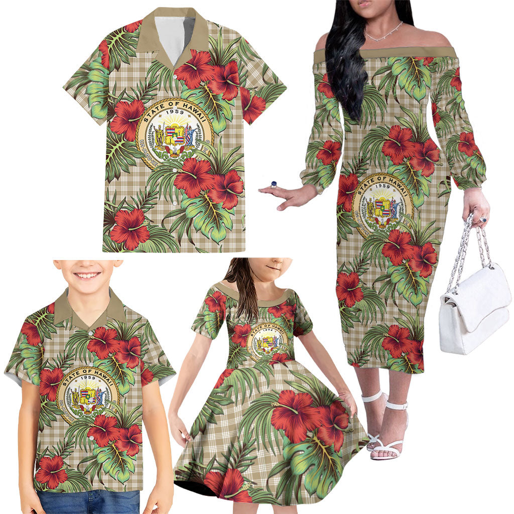 Vintage Hawaii Hibiscus Palaka Family Matching Off The Shoulder Long Sleeve Dress and Hawaiian Shirt Khaki Color