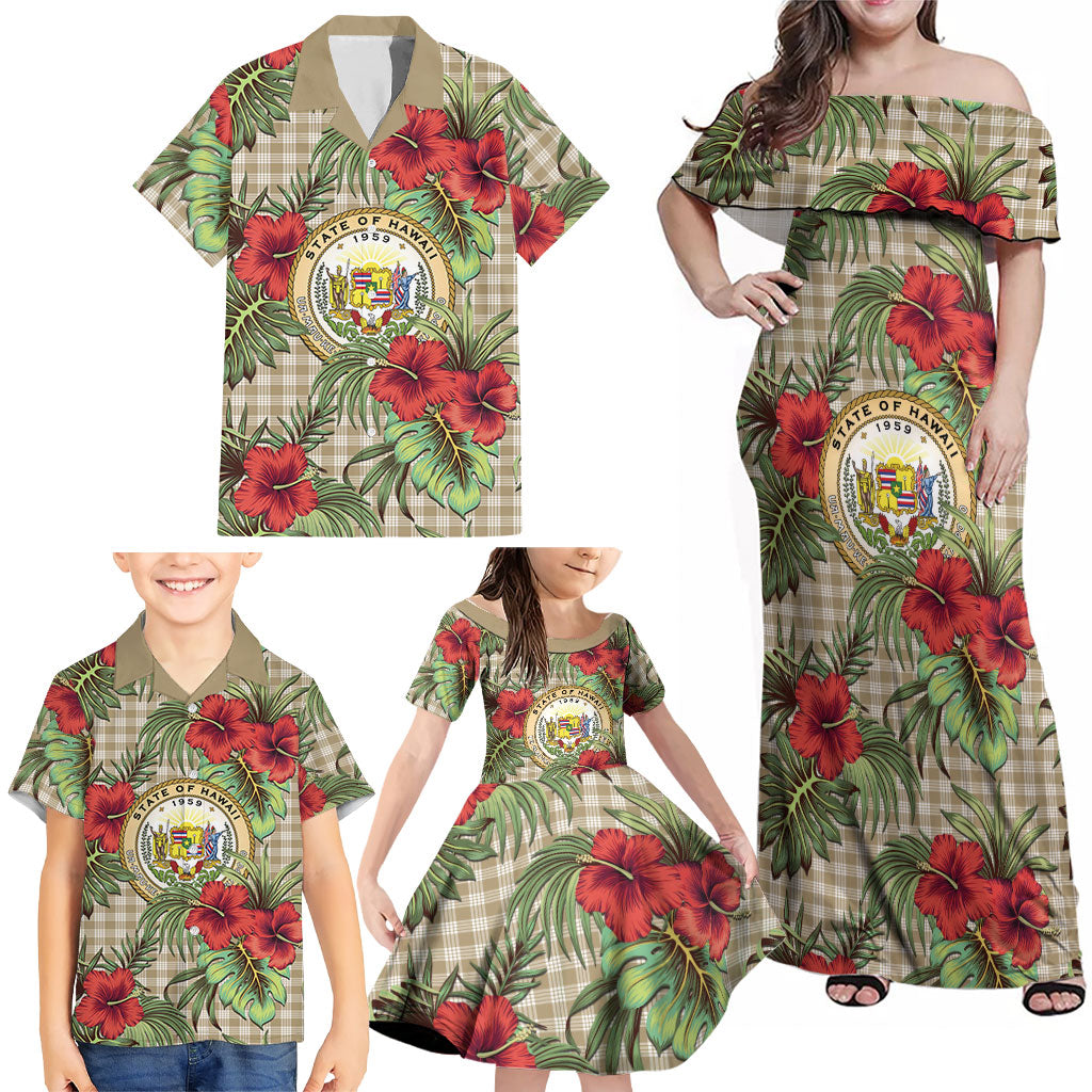 Vintage Hawaii Hibiscus Palaka Family Matching Off Shoulder Maxi Dress and Hawaiian Shirt Khaki Color