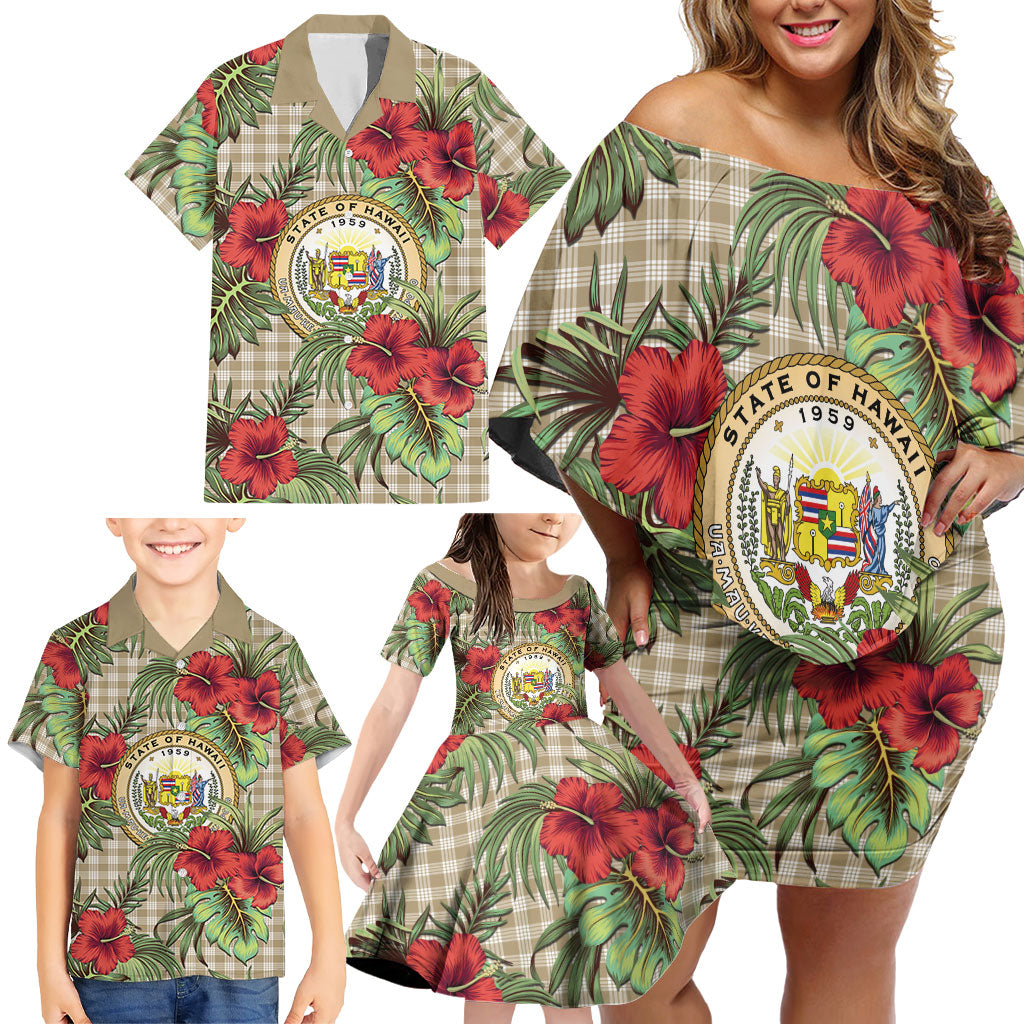 Vintage Hawaii Hibiscus Palaka Family Matching Off Shoulder Short Dress and Hawaiian Shirt Khaki Color