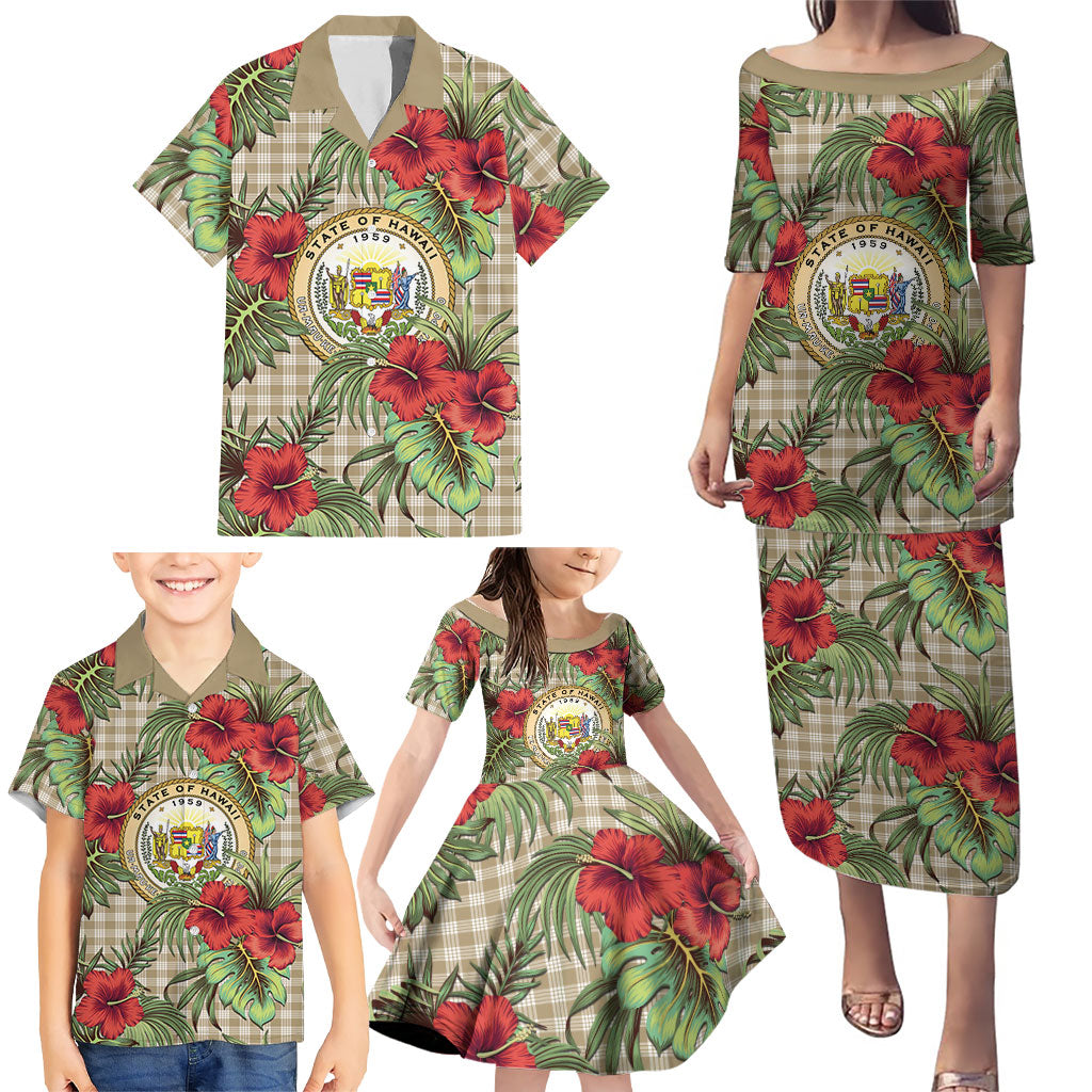 Vintage Hawaii Hibiscus Palaka Family Matching Puletasi and Hawaiian Shirt Khaki Color