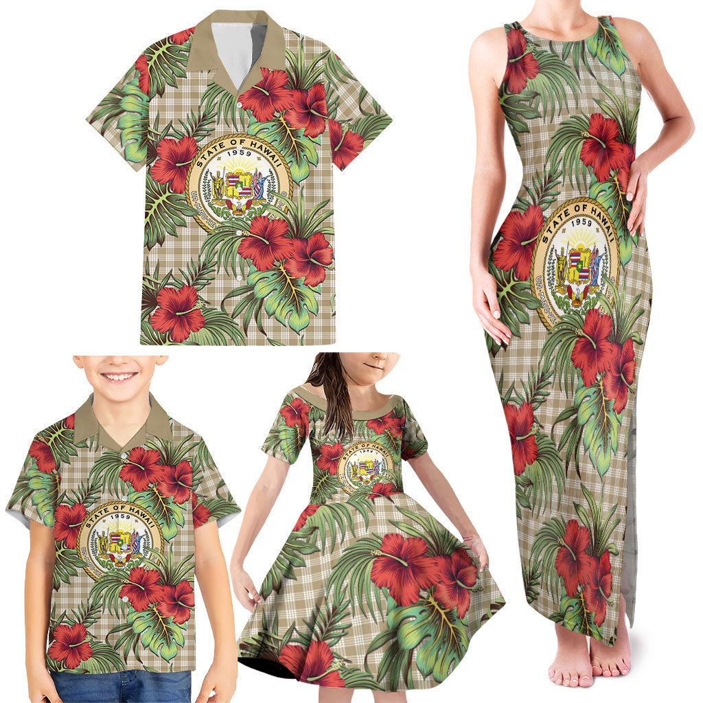 Vintage Hawaii Hibiscus Palaka Family Matching Tank Maxi Dress and Hawaiian Shirt Khaki Color