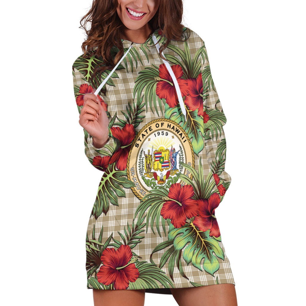 Vintage Hawaii Hibiscus Palaka Hoodie Dress Khaki Color