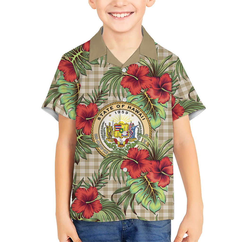 Vintage Hawaii Hibiscus Palaka Kid Hawaiian Shirt Khaki Color