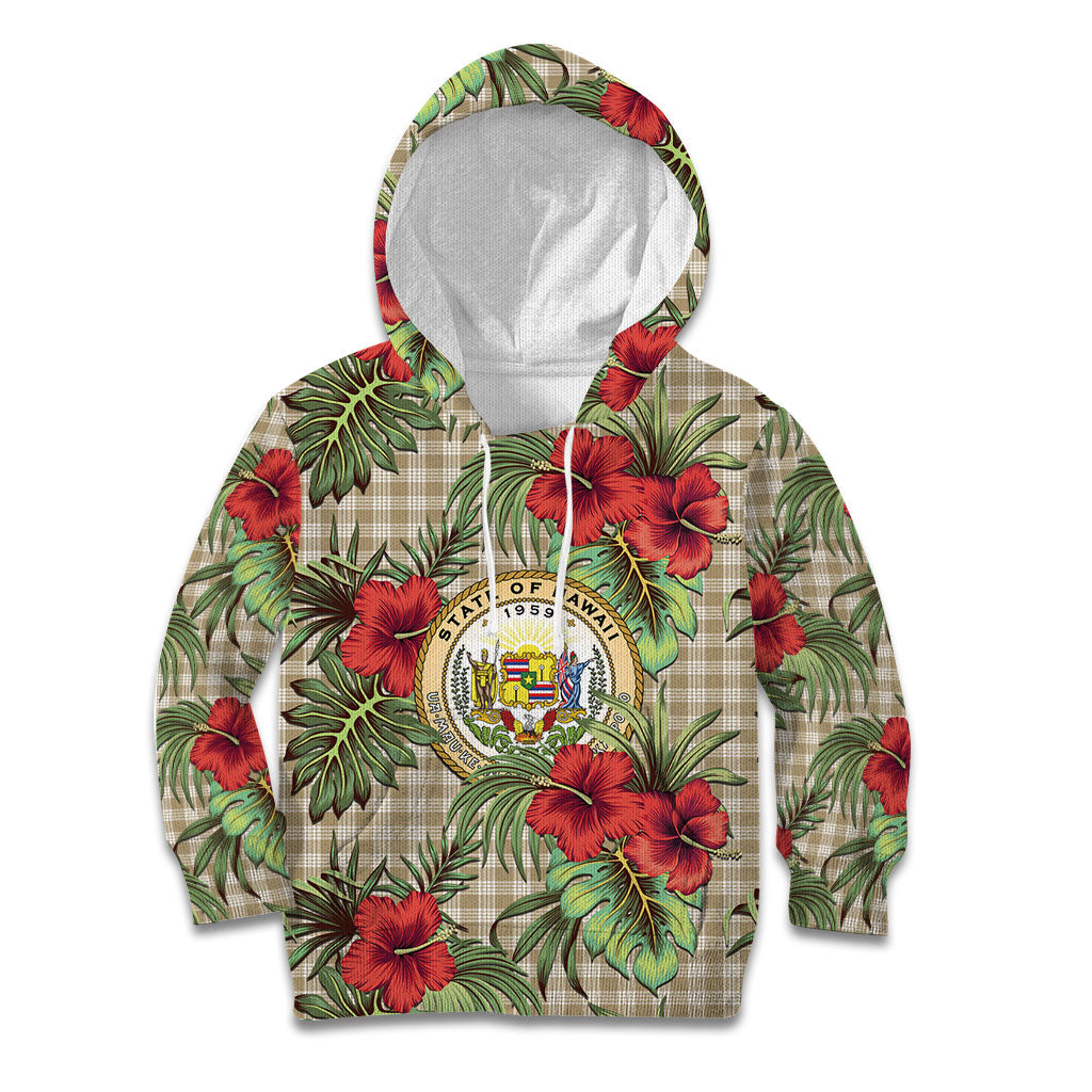 Vintage Hawaii Hibiscus Palaka Kid Hoodie Khaki Color