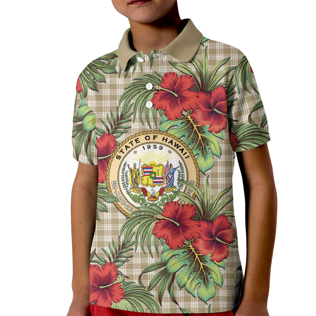Vintage Hawaii Hibiscus Palaka Kid Polo Shirt Khaki Color