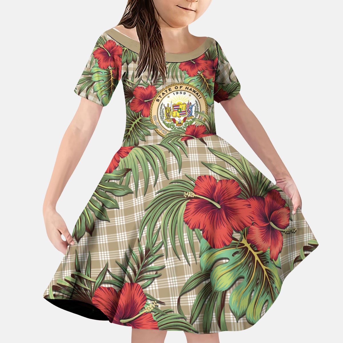 Vintage Hawaii Hibiscus Palaka Kid Short Sleeve Dress Khaki Color