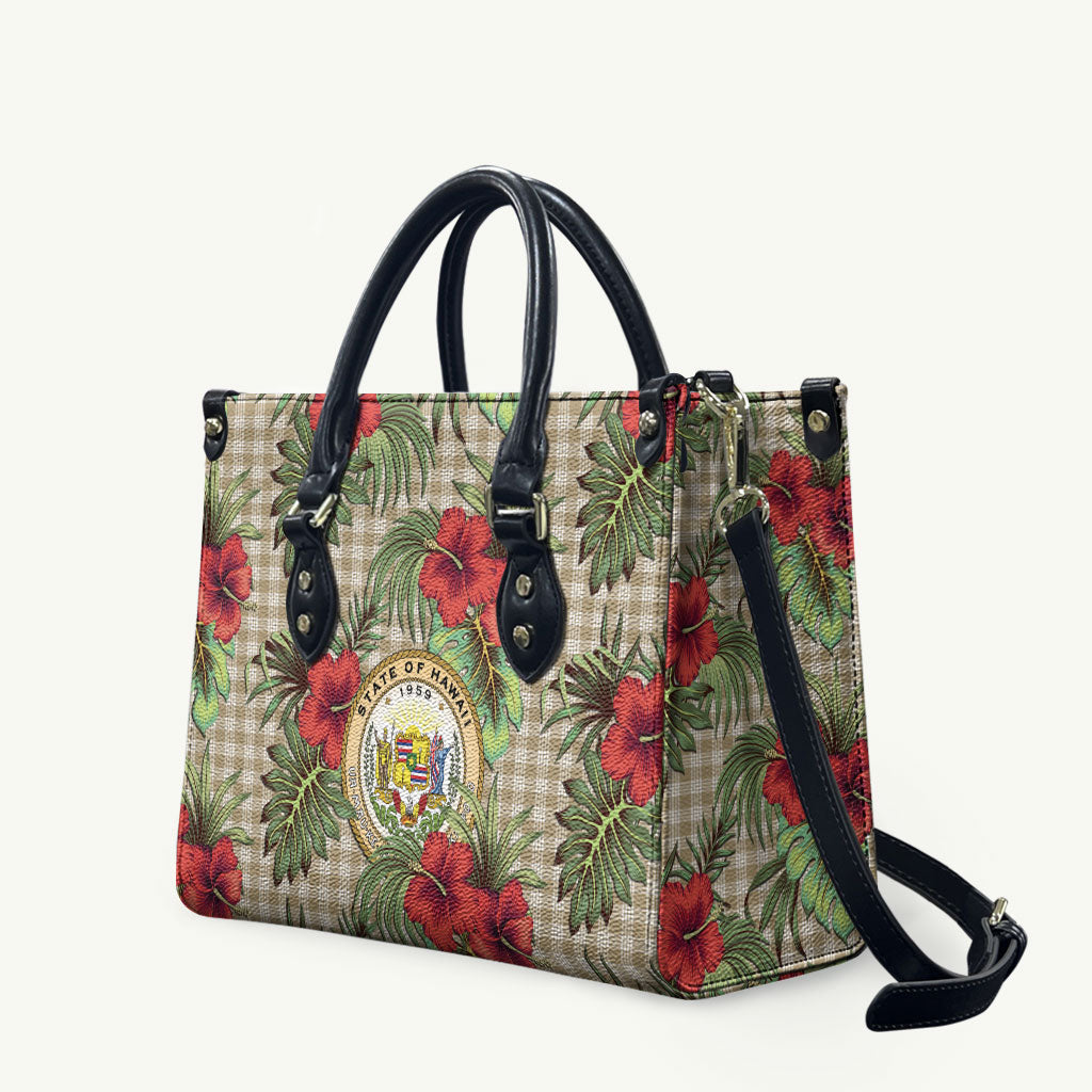Vintage Hawaii Hibiscus Palaka Leather Bag Khaki Color