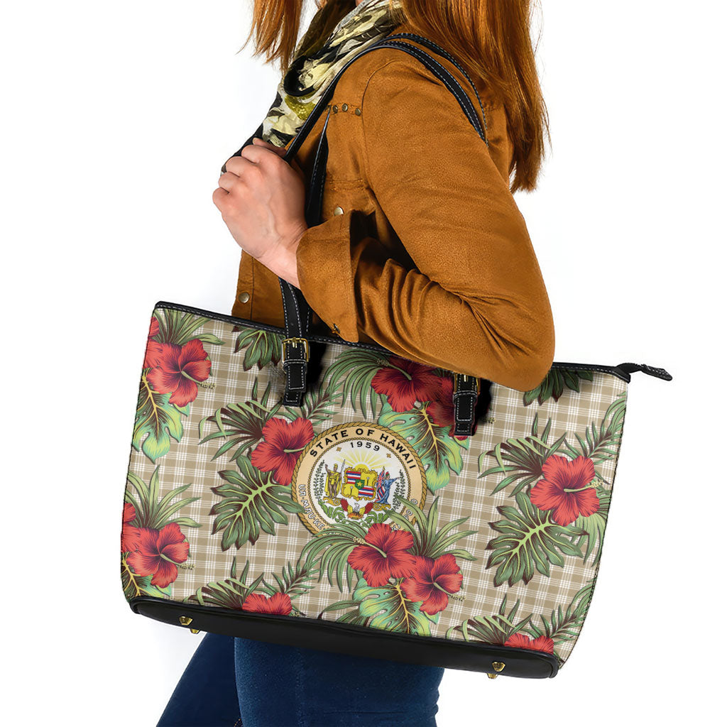 Vintage Hawaii Hibiscus Palaka Leather Tote Bag Khaki Color