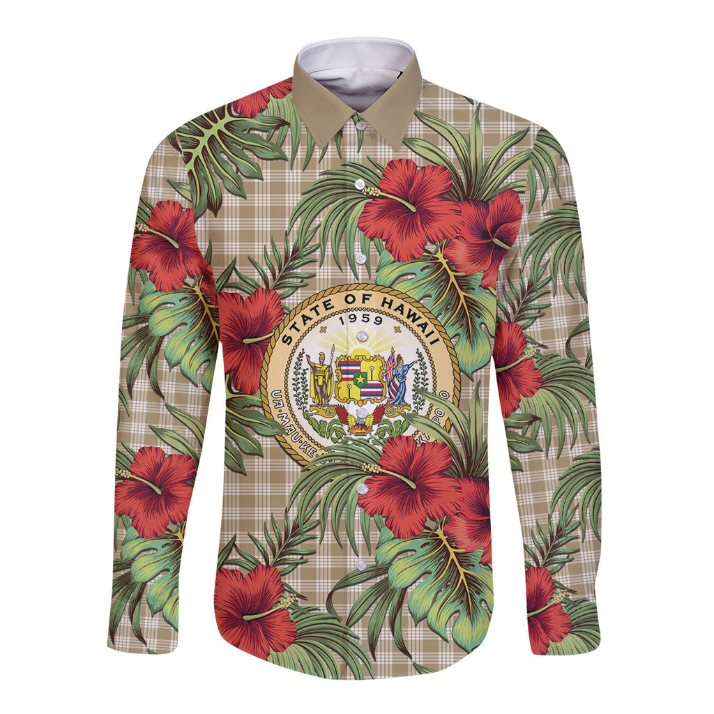 Vintage Hawaii Hibiscus Palaka Long Sleeve Button Shirt Khaki Color