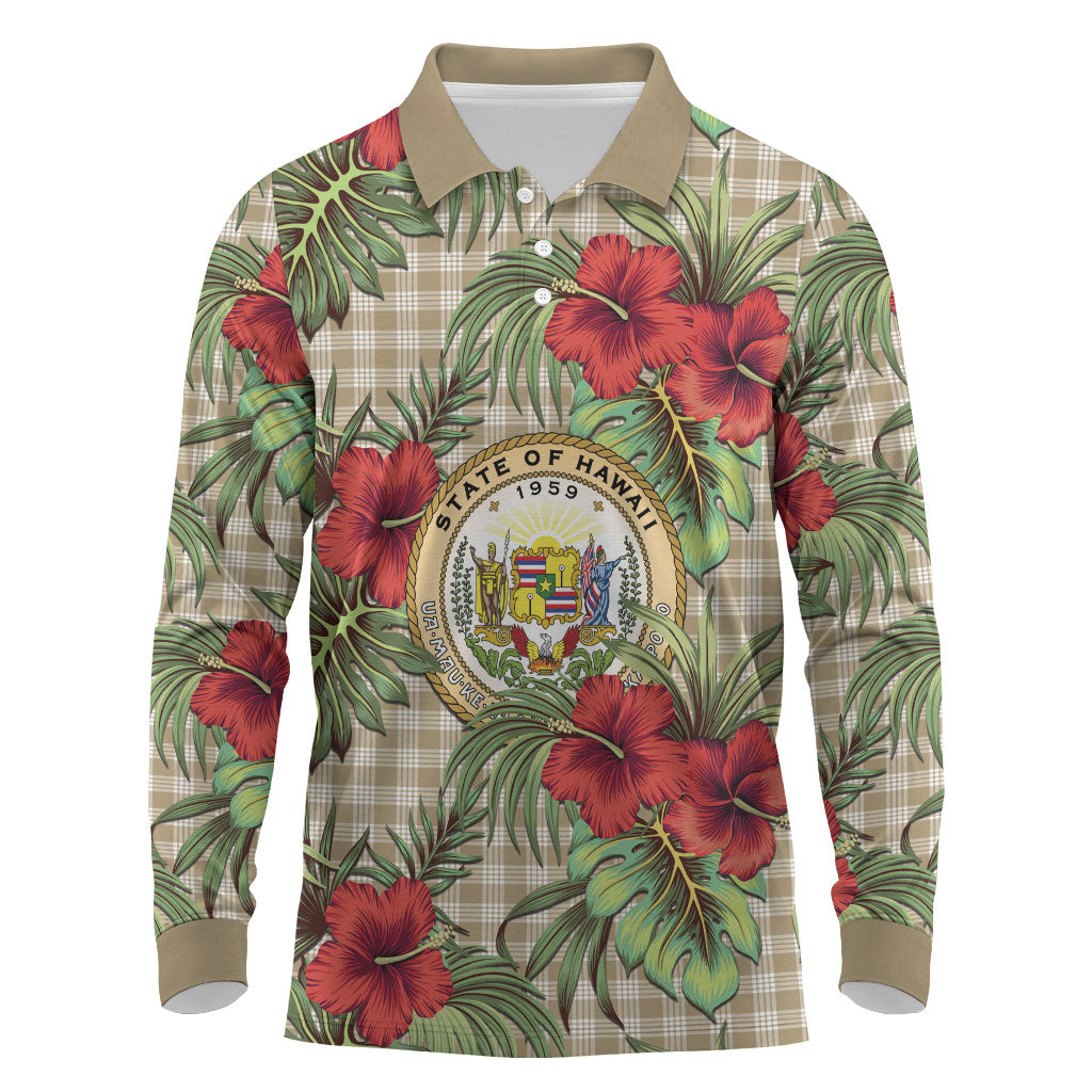 Vintage Hawaii Hibiscus Palaka Long Sleeve Polo Shirt Khaki Color