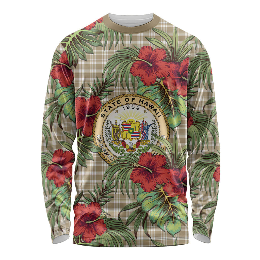 Vintage Hawaii Hibiscus Palaka Long Sleeve Shirt Khaki Color