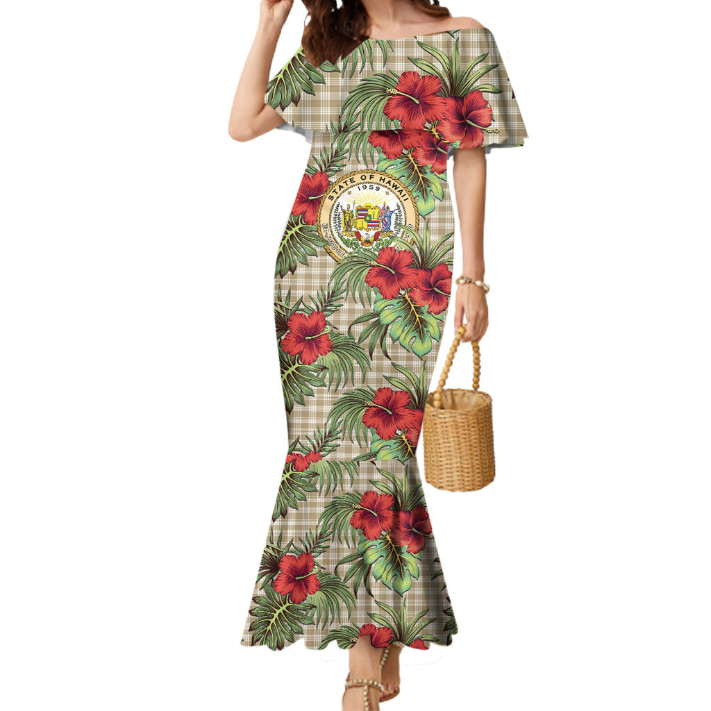 Vintage Hawaii Hibiscus Palaka Mermaid Dress Khaki Color