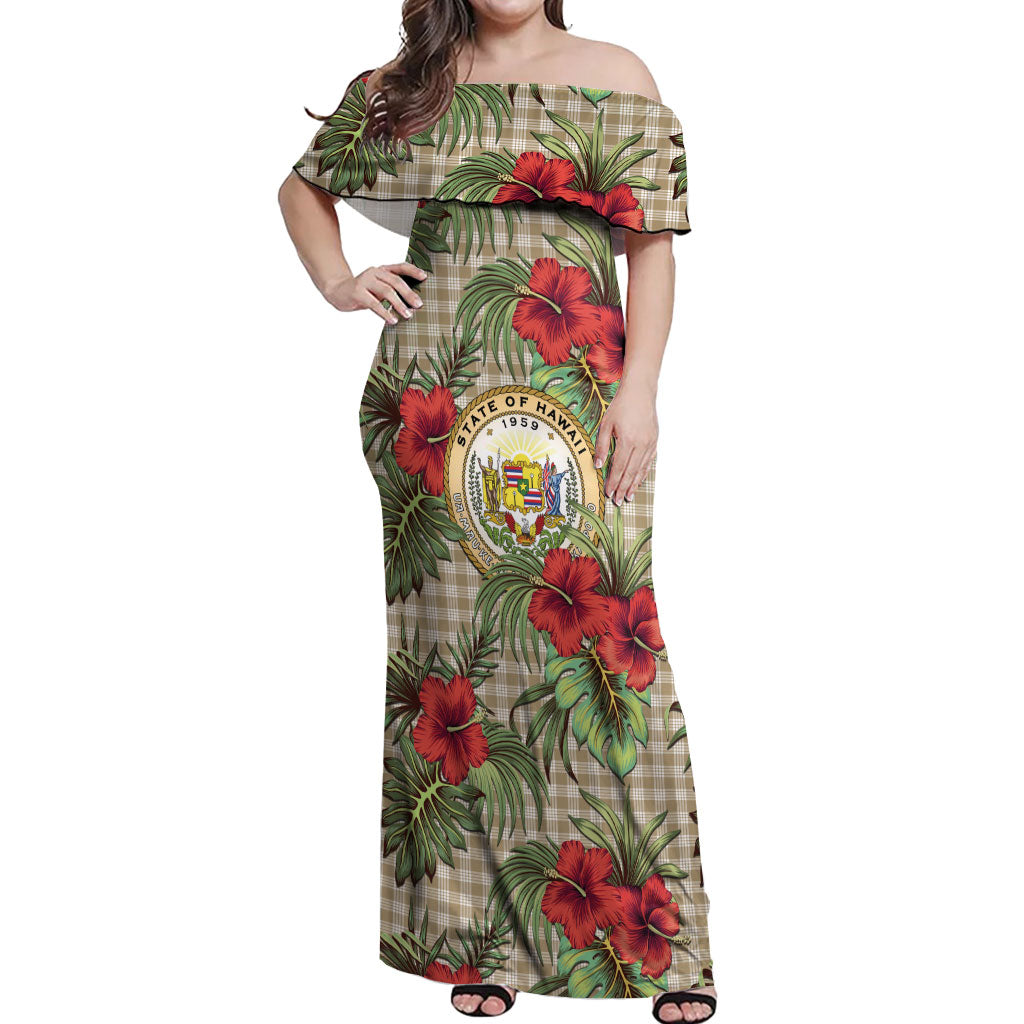 Vintage Hawaii Hibiscus Palaka Off Shoulder Maxi Dress Khaki Color