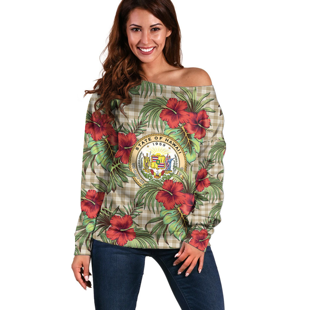 Vintage Hawaii Hibiscus Palaka Off Shoulder Sweater Khaki Color