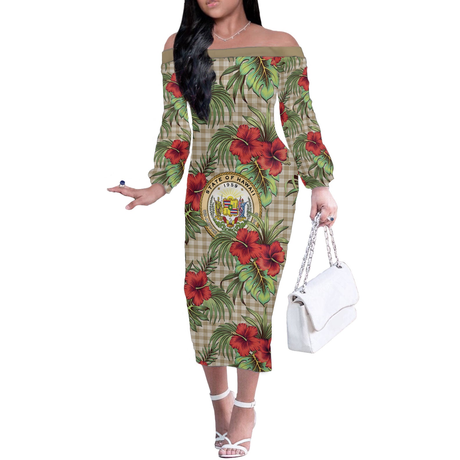 Vintage Hawaii Hibiscus Palaka Off The Shoulder Long Sleeve Dress Khaki Color