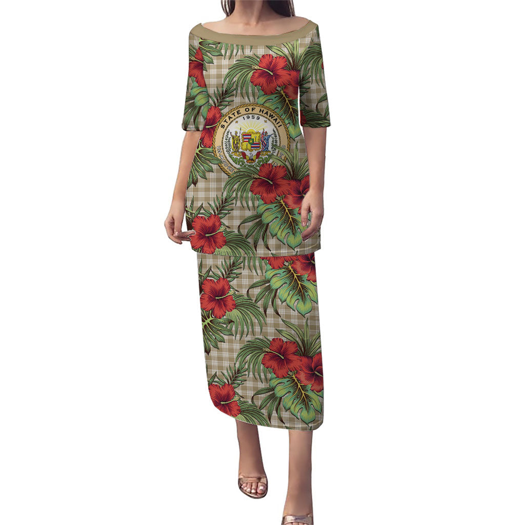 Vintage Hawaii Hibiscus Palaka Puletasi Khaki Color