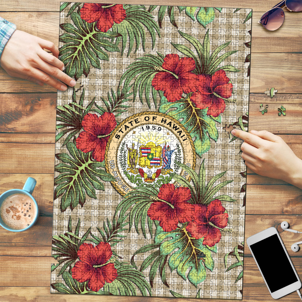 Vintage Hawaii Hibiscus Palaka Puzzle Khaki Color